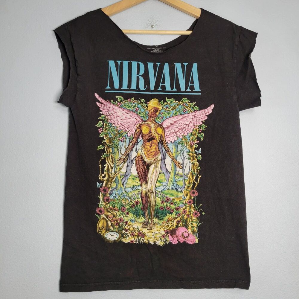 Nirvana In Utero Shirt Womens S Black Cutoff Distressed T-Shirt Grunge Rock Alt